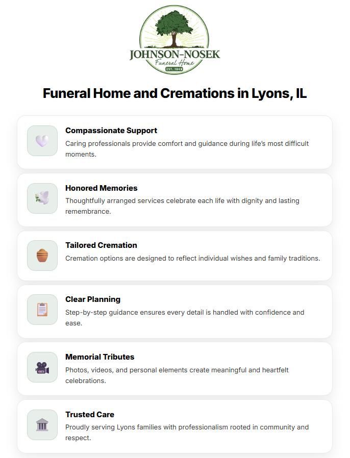 Infographic highlighting services and support from a funeral home and cremations Lyons, IL, including planning, cremation, and memorial options.