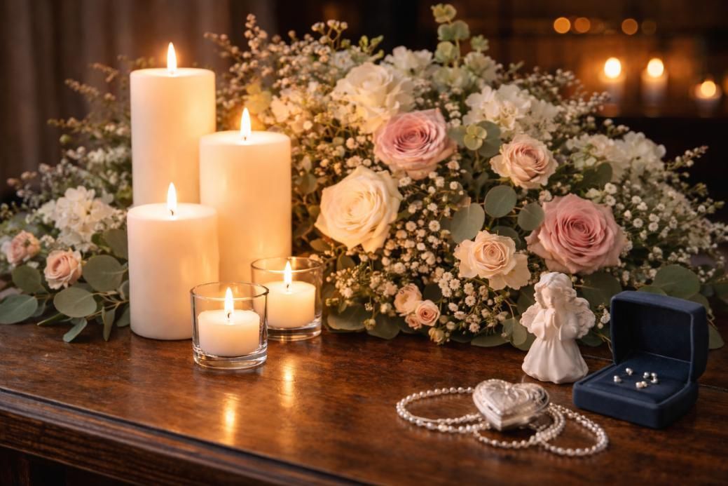 Memorial display with candles, flowers, and keepsakes, representing a funeral home and cremations Lyons, IL.