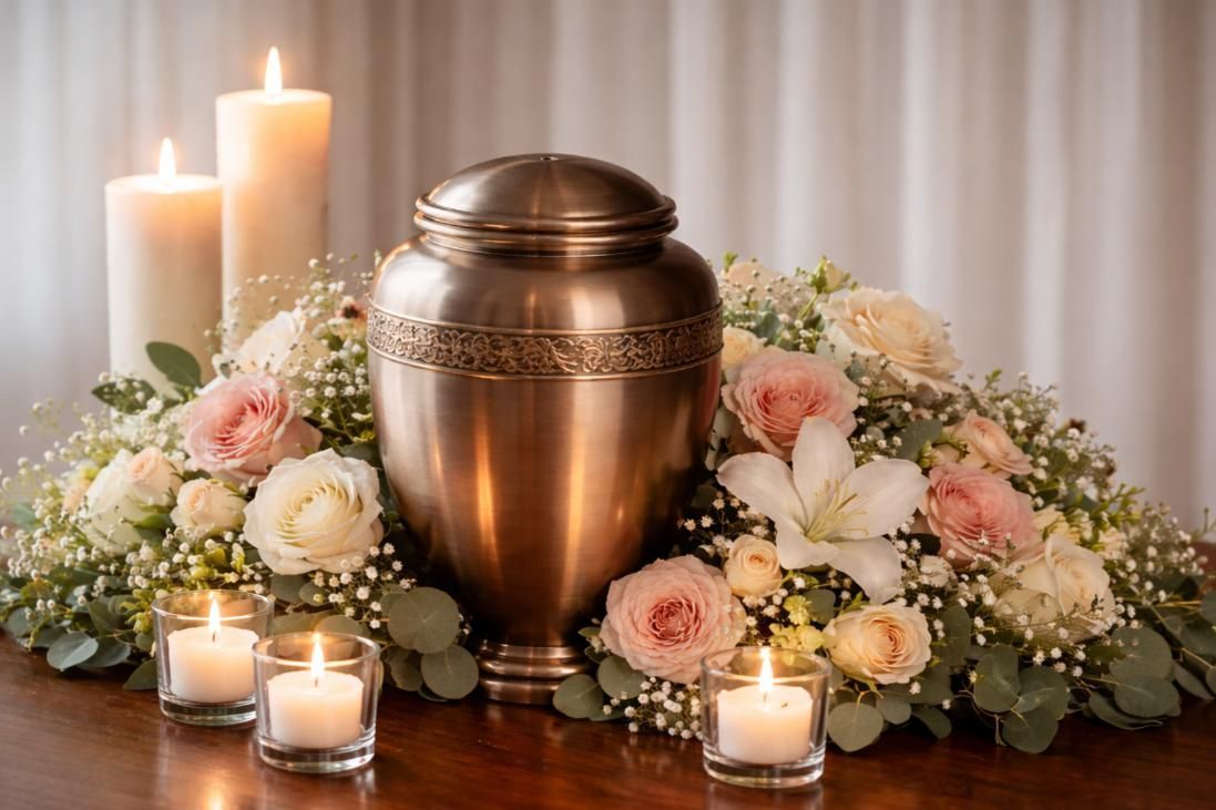 Cremation urn with flowers and candles, representing a funeral home and cremations Riverside, IL.