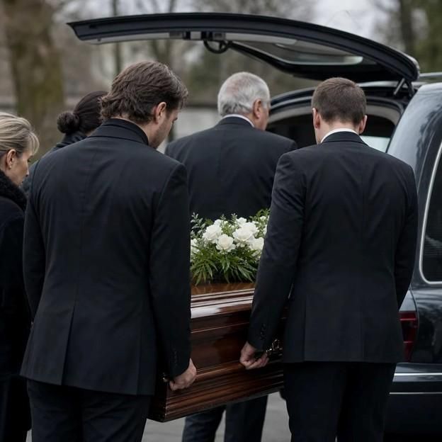 Pallbearers carrying a wooden casket with white flowers toward a hearse for a funeral