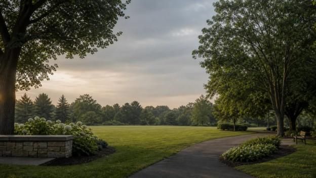 Peaceful park with a winding pathway, green lawn, mature trees, and flowering gardens