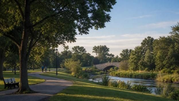 Peaceful riverside park with a tree-lined walking path, stone bridge, and lush greenery