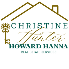 Christine Hunter Howard Hanna real estate services logo with gold house outline and teal text