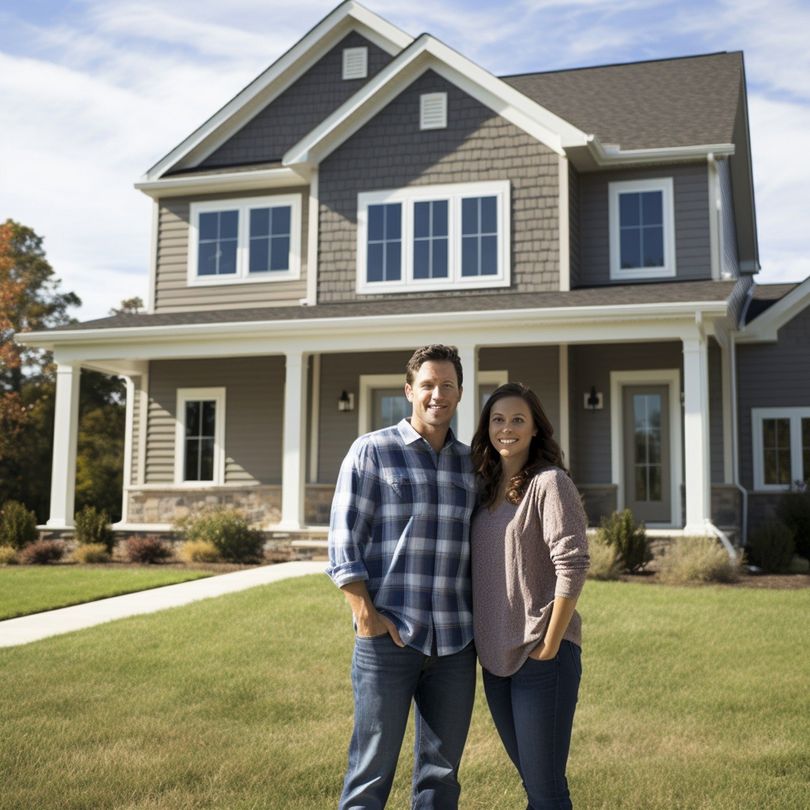 Couple standing on the lawn in front of a gray suburban house