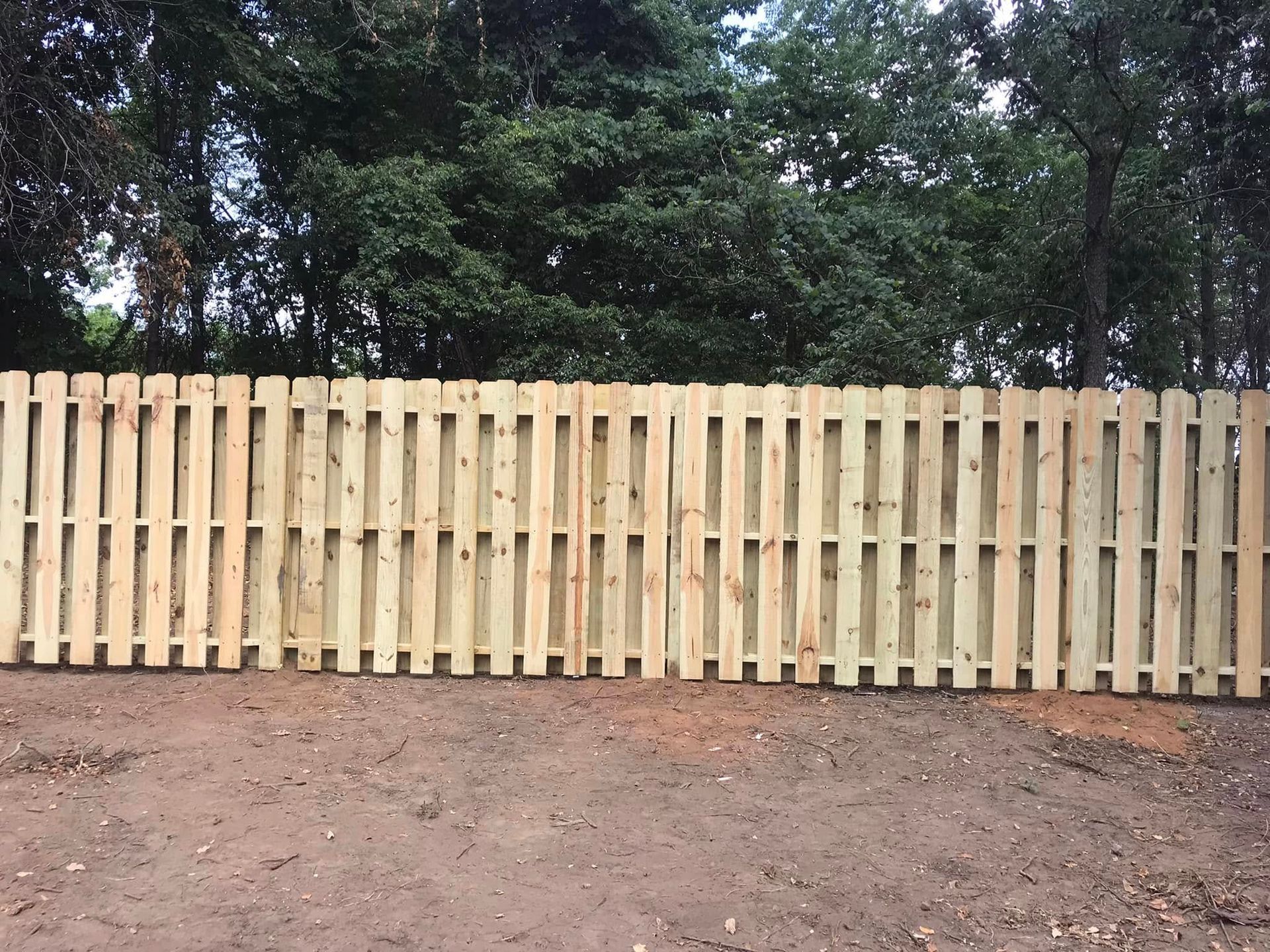 A new wooden picket fence stands in front of a line of trees on a dirt lot.