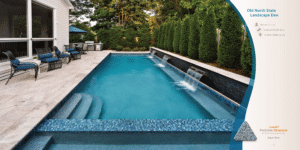 Modern backyard pool with turquoise water, lounge chairs, and hedges along a patio.
