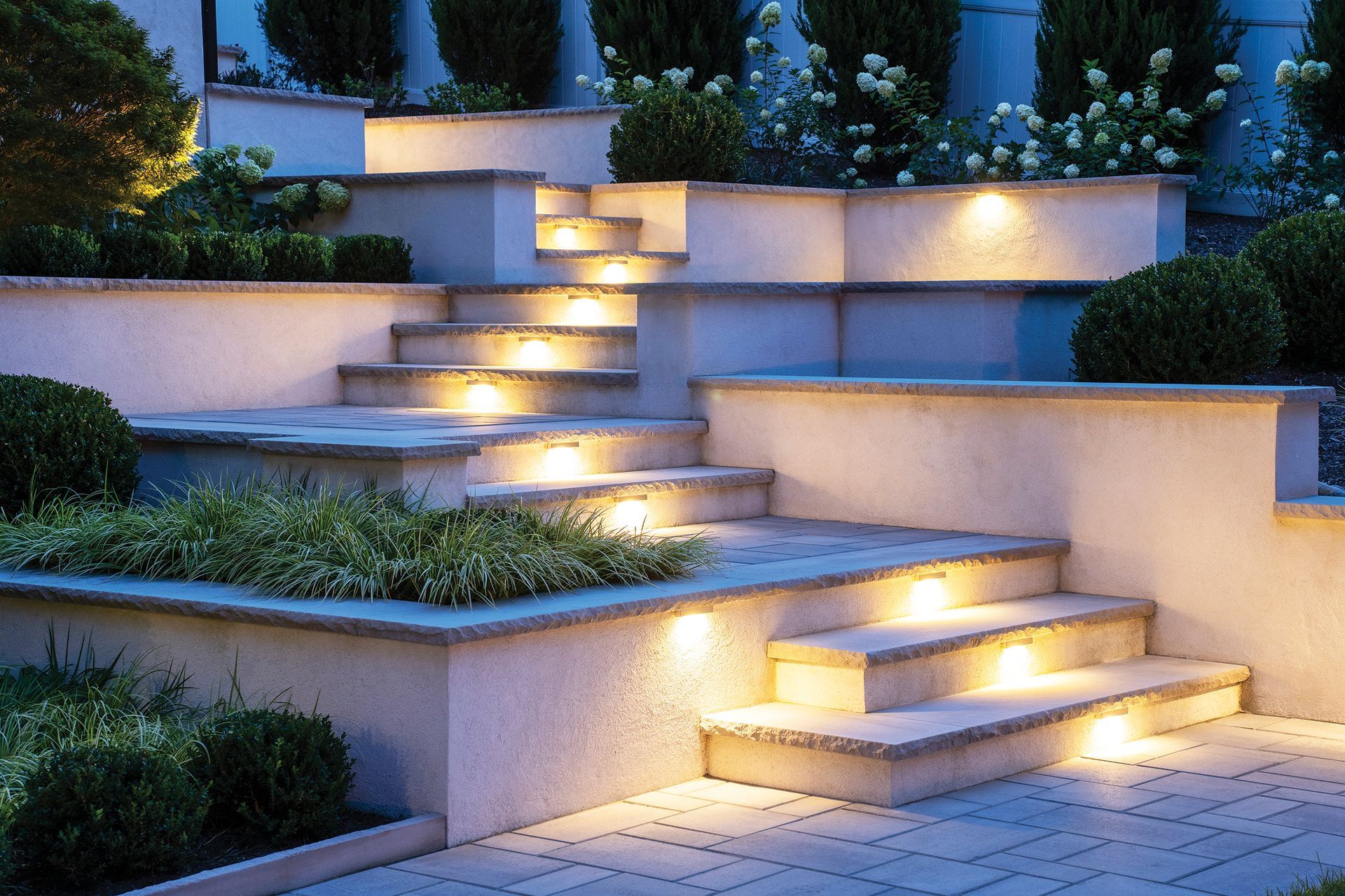 outdoor stone steps with lighting