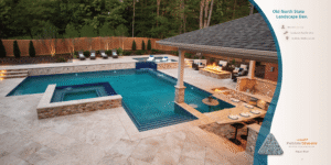 Backyard pool with spa, lounge chairs, and covered outdoor seating area at dusk