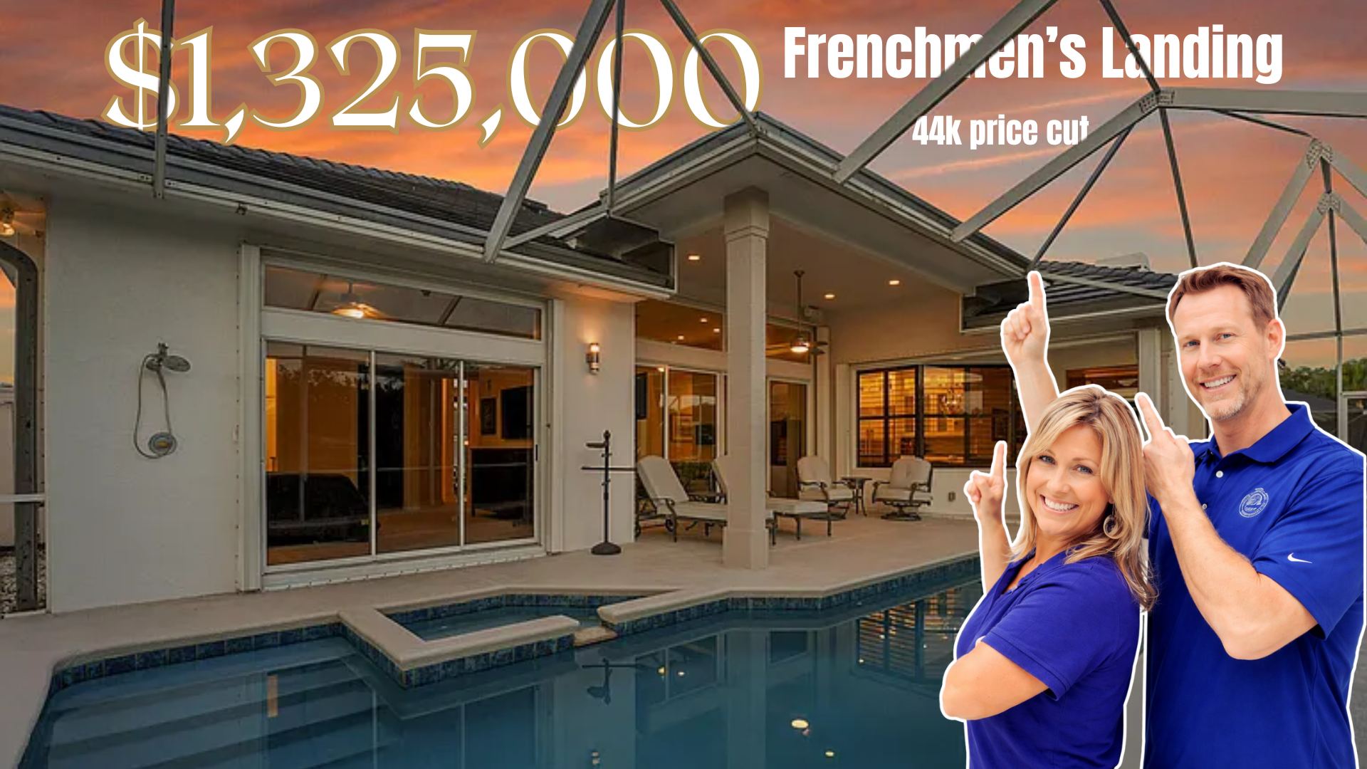 Backyard pool and patio with covered outdoor living area; smiling couple in blue shirts beside $1,325,000 listing text
