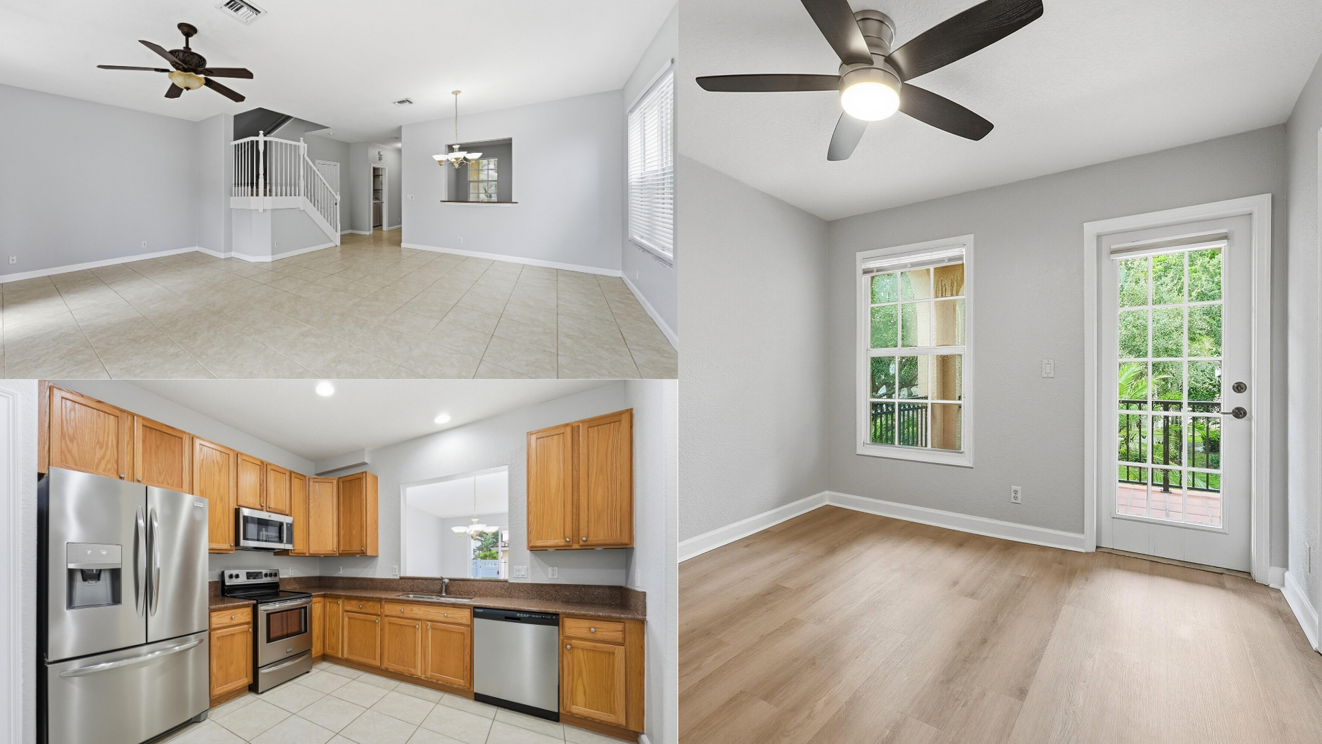 Bright modern apartment collage showing a gray living room, open kitchen, and bedroom with white walls and wood floors