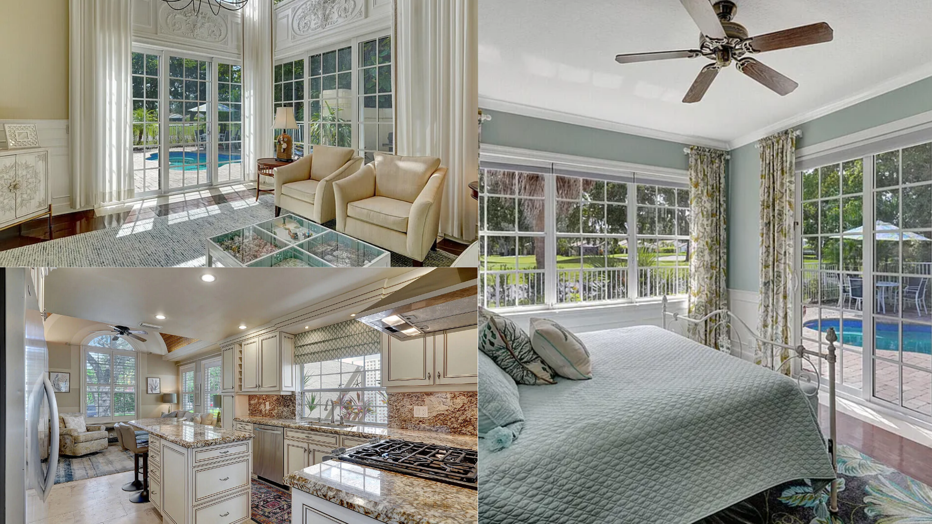 Bright modern apartment collage showing a gray living room, open kitchen, and bedroom with white walls and wood floors