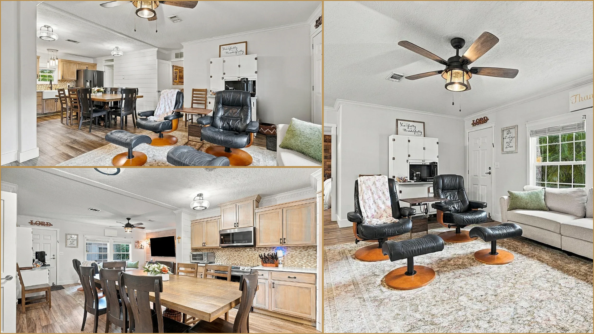Bright modern apartment collage showing a gray living room, open kitchen, and bedroom with white walls and wood floors