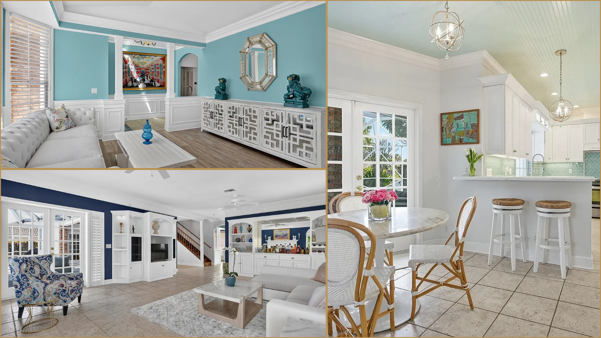 Aerial collage of a lakeside home with pool, patio, and surrounding neighborhood.