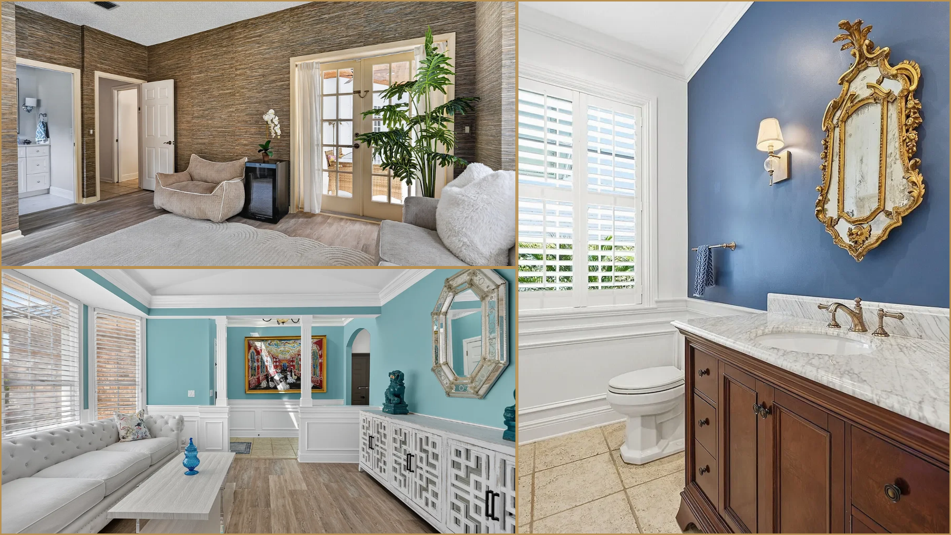 Collage of a bright white kitchen, a bathroom vanity, and a lit house exterior at dusk