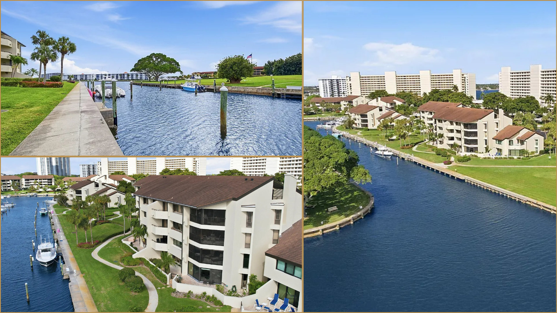 Waterfront condo complex with canal, docks, palm trees, and landscaped pathways under a bright sky