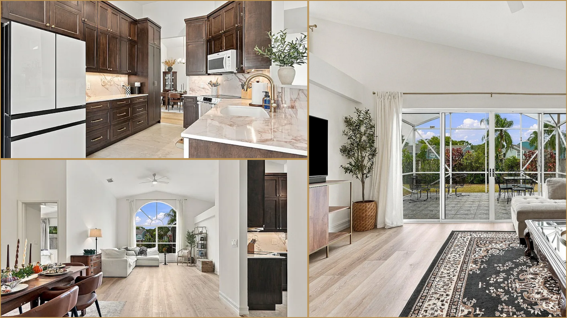 Bright modern apartment collage showing a gray living room, open kitchen, and bedroom with white walls and wood floors