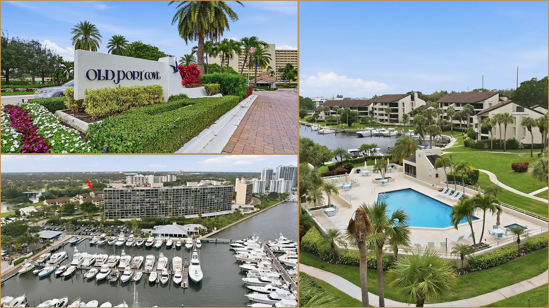 Collage of a coastal resort with marina, swimming pool, and landscaped entrance sign