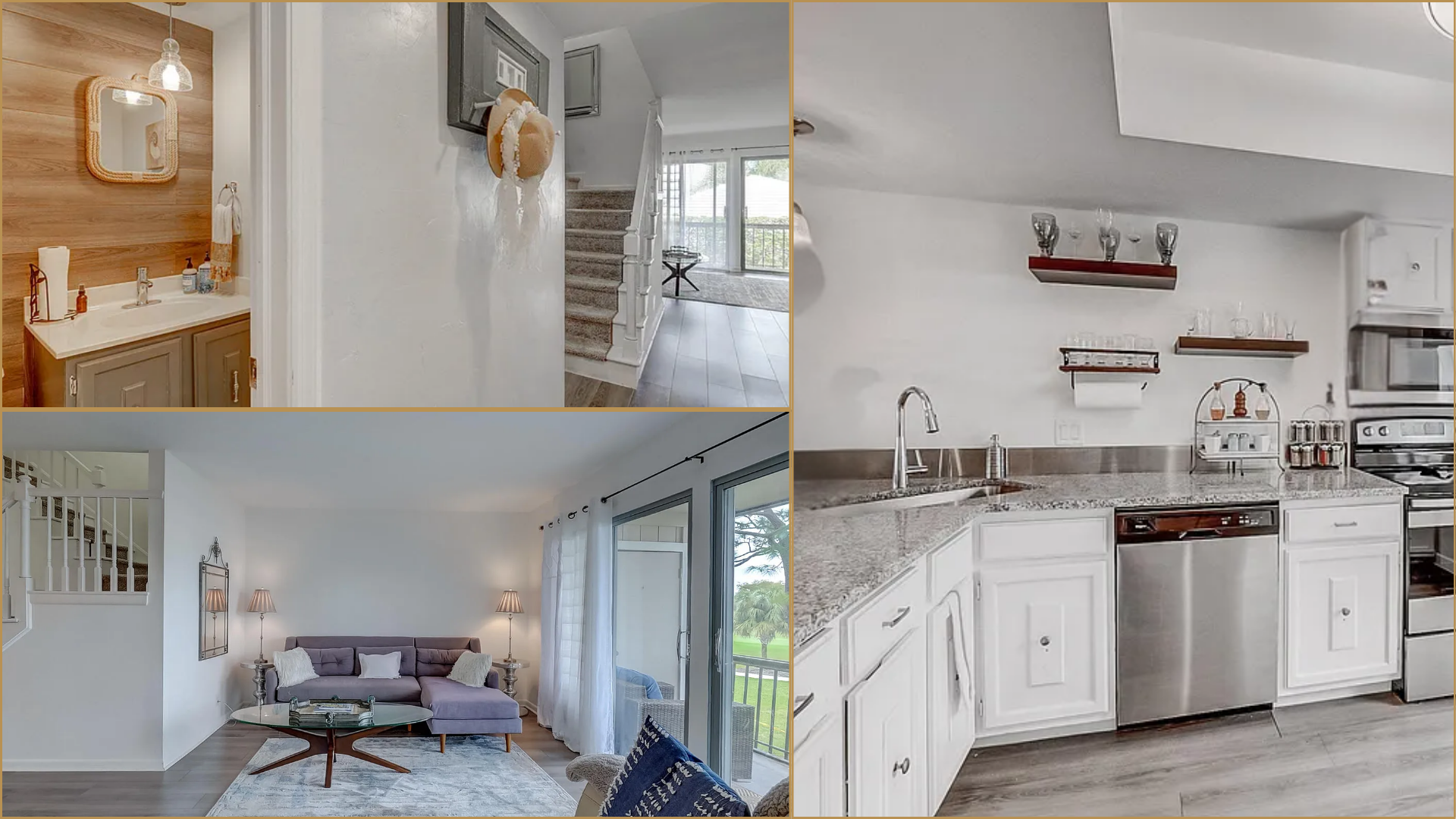 Collage of bright home interiors: bathroom, bedroom, living room, and white kitchen.