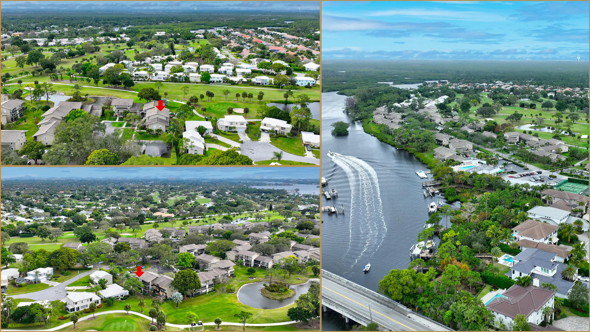 Aerial collage of a suburban riverside neighborhood with homes, trees, roads, and a bridge under a blue sky