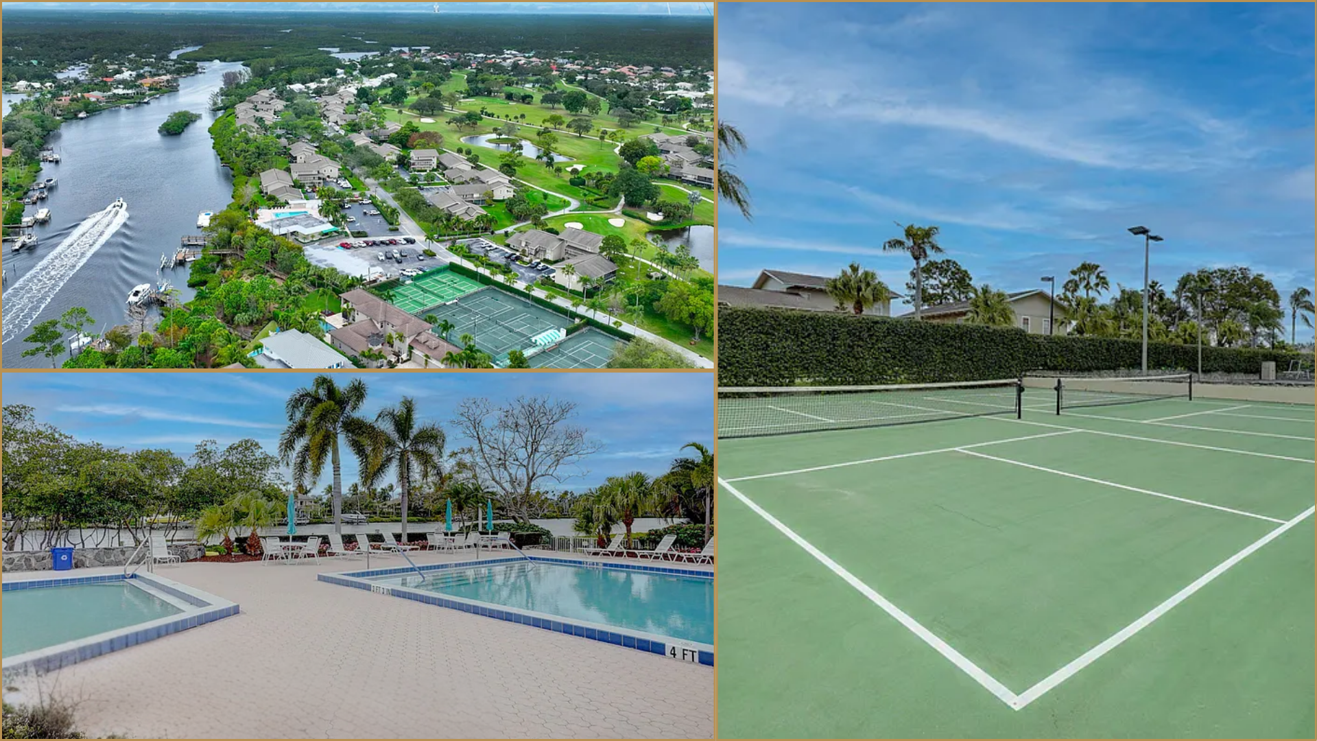 Resort collage with waterfront views, palm trees, pool, and a green tennis court under blue sky
