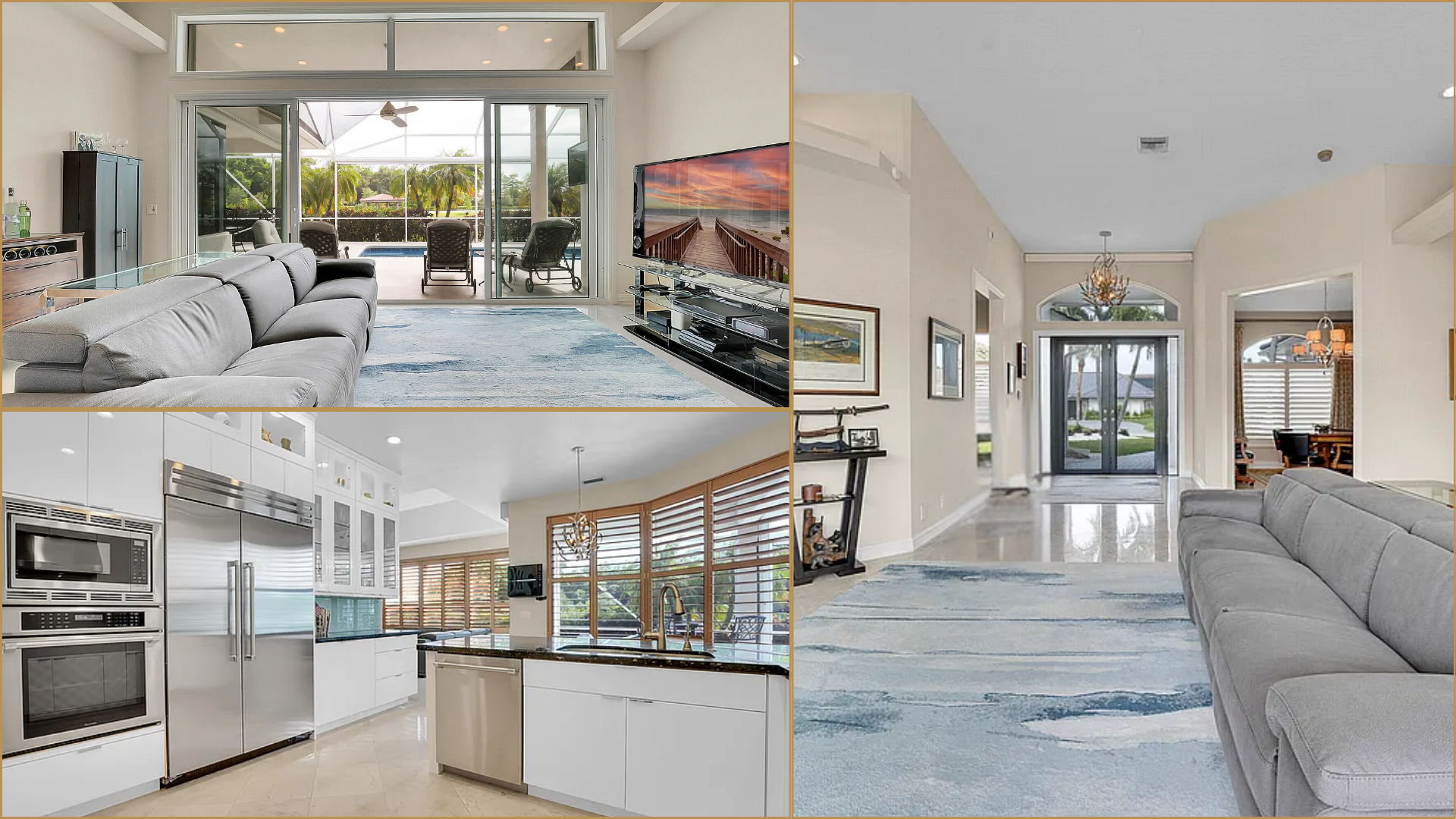 Bright modern living room and kitchen with white sofas, blue rug, and glass doors to a patio.
