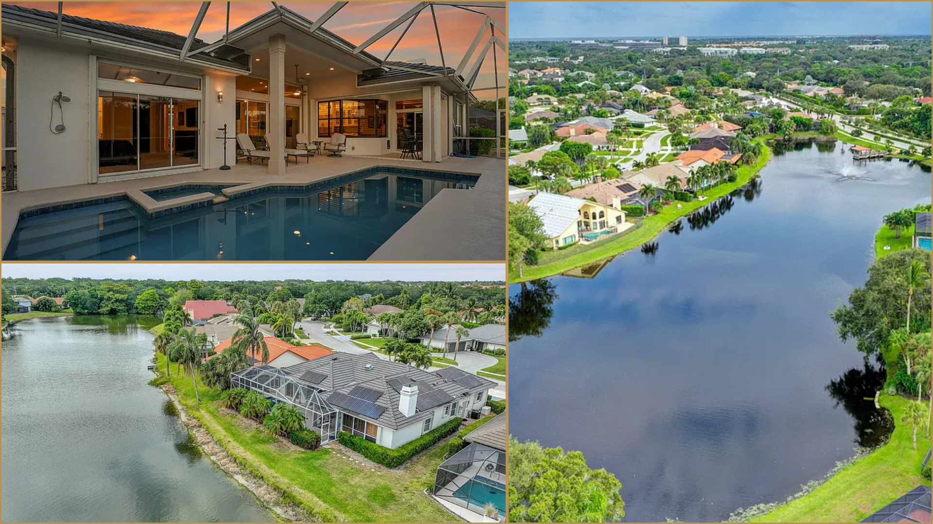 Luxury lakeside homes and pool, with aerial views of a waterfront neighborhood and river