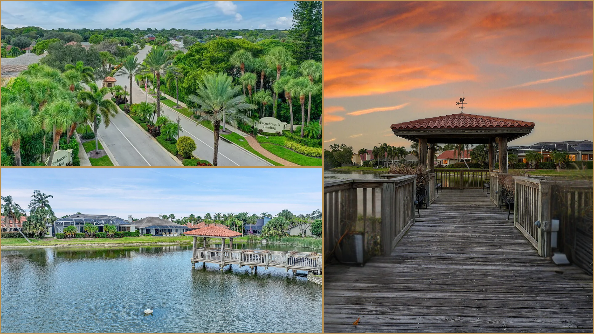 Collage of tropical resort scenes: palm-lined road, lakeside view, and sunset over a wooden pier pavilion
