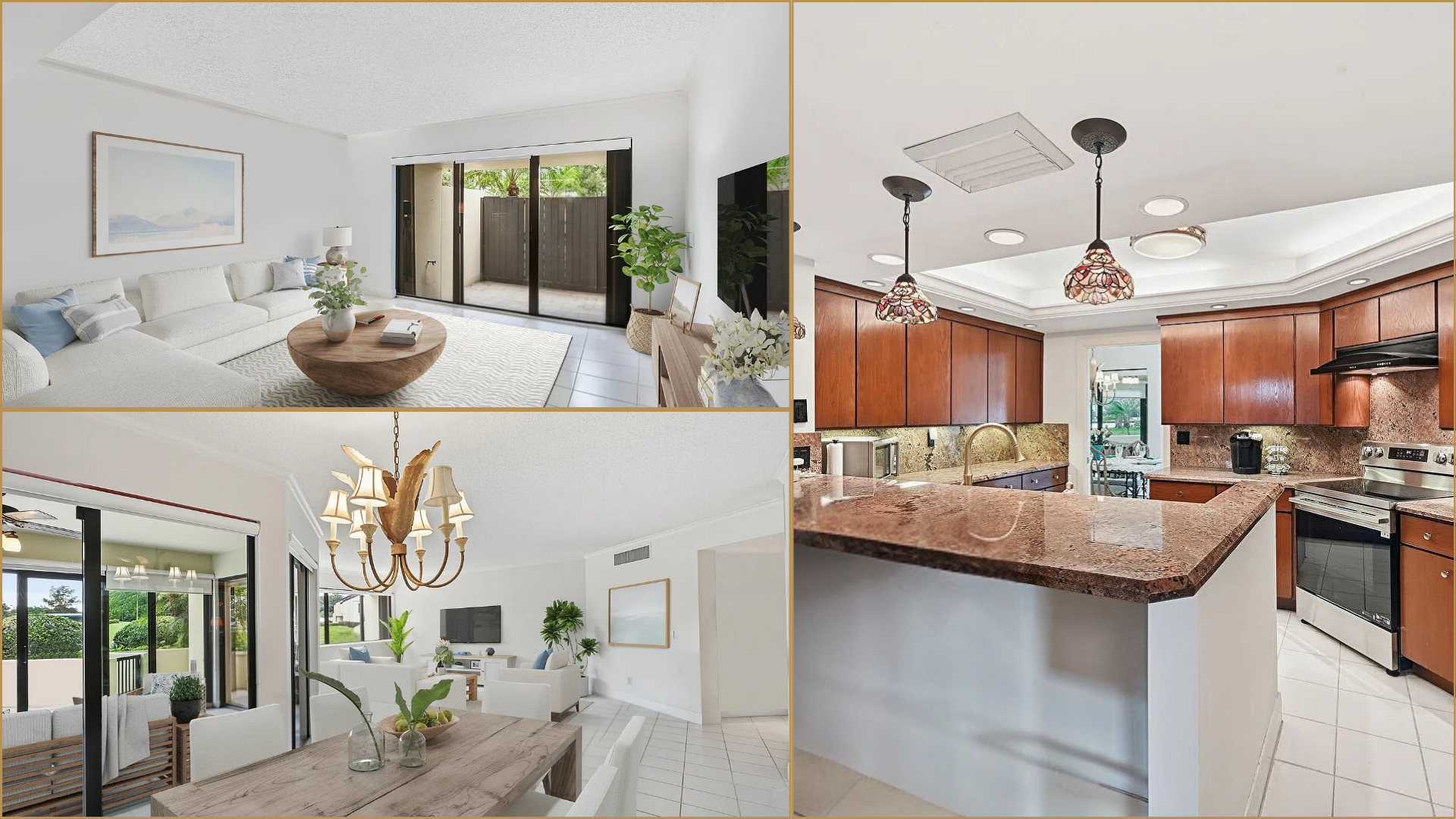 Collage of bright modern home interiors: living room, dining area, and kitchen with wood cabinets.