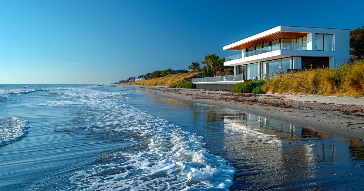 Modern beachfront house beside a calm ocean with waves and a sandy shore under a clear blue sky