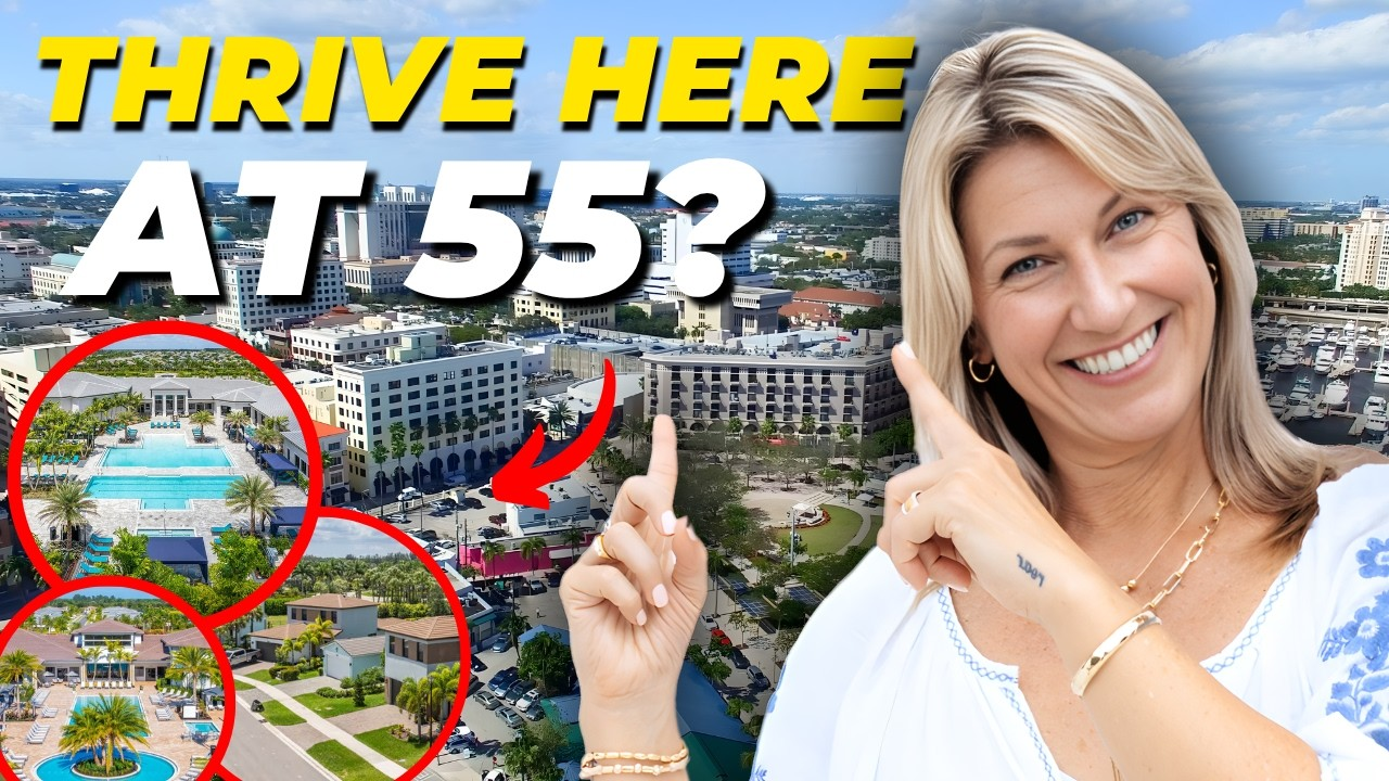 Woman smiling and pointing beside “THRIVE HERE AT 55?” text over a resort-style building and pool in red circles