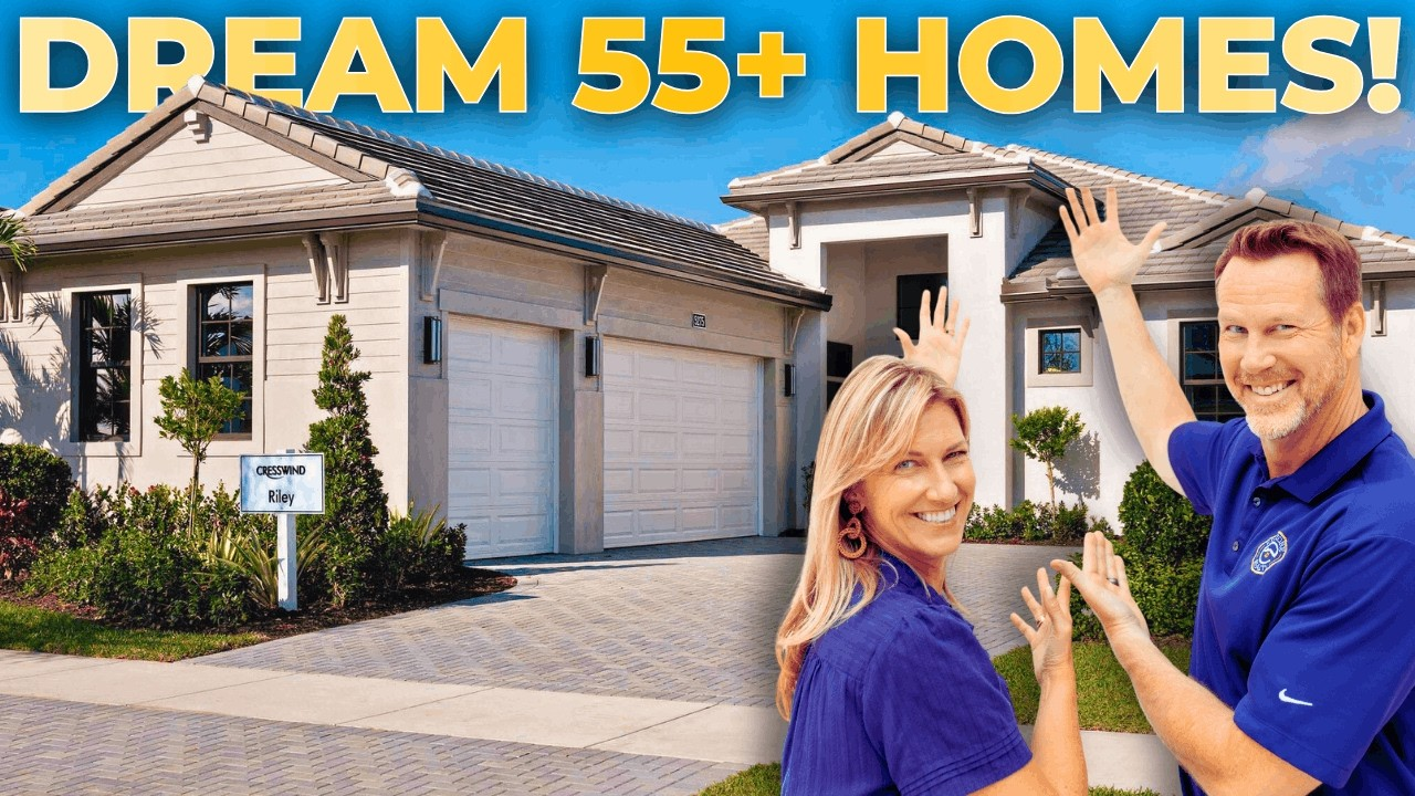 Two smiling real estate agents in blue shirts stand before a modern home with “DREAM 55+ HOMES!” text.