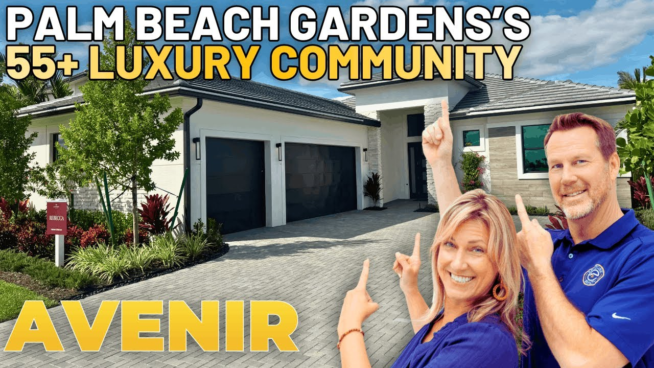 Palm Beach Gardens luxury community Avenir sign with smiling couple in front of a modern home