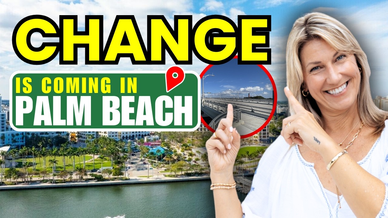 Woman points at “CHANGE IS COMING IN PALM BEACH” text over a waterfront scene