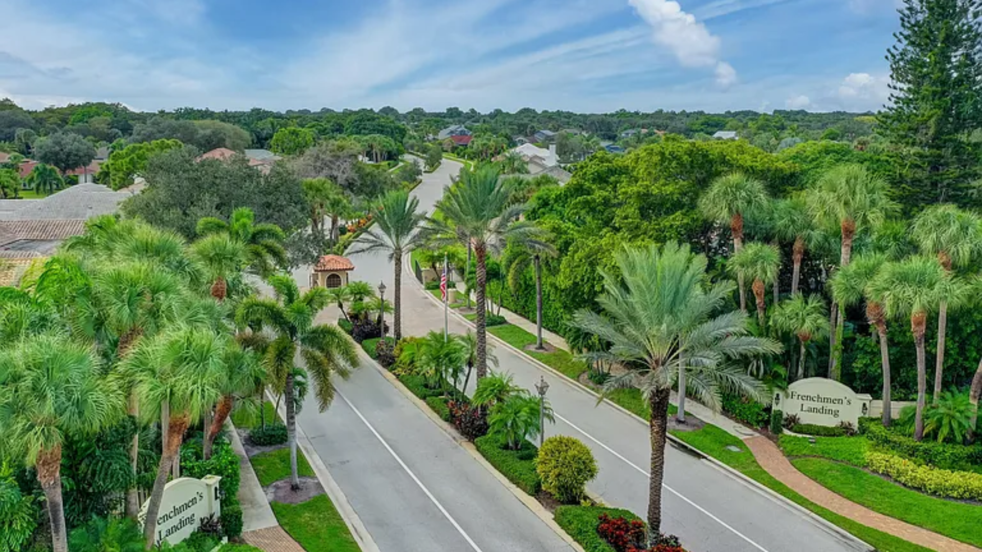 Palm-lined suburban road with landscaped medians and lush greenery under a blue sky