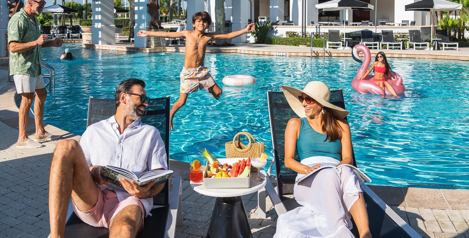 Collage of a sunny beach, palm-lined street at sunset, and a long pier over turquoise water.