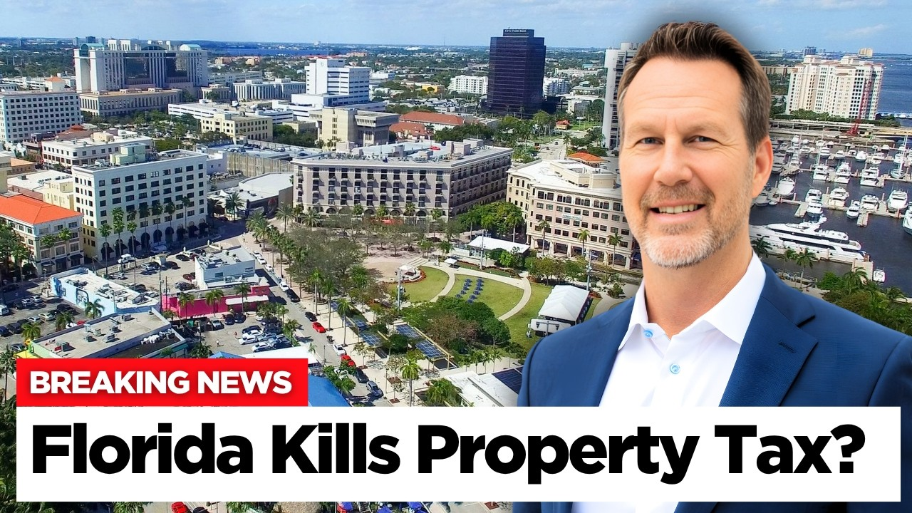 Breaking news graphic with city skyline and a man beside the text “Florida Kills Property Tax?”