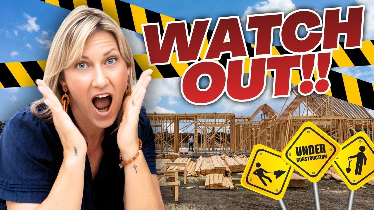 Woman with shocked expression beside “WATCH OUT!” text and a house under construction sign.