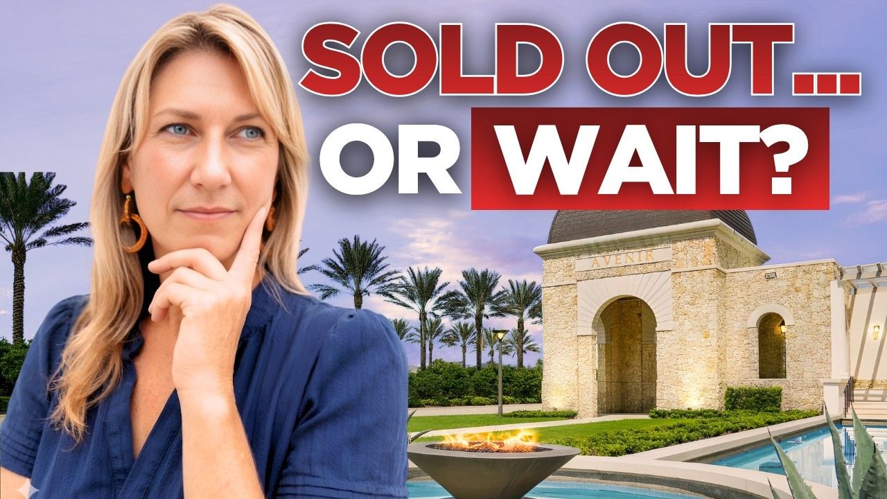 Woman in blue blazer beside text “SOLD OUT… OR WAIT?” with house, palm trees, and pool backdrop