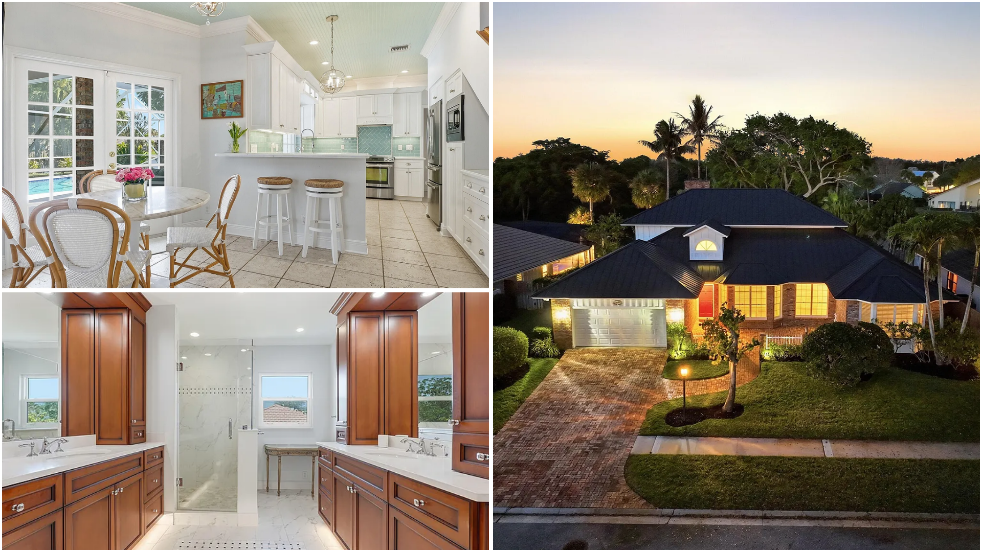 Collage of a bright white kitchen, a bathroom vanity, and a lit house exterior at dusk