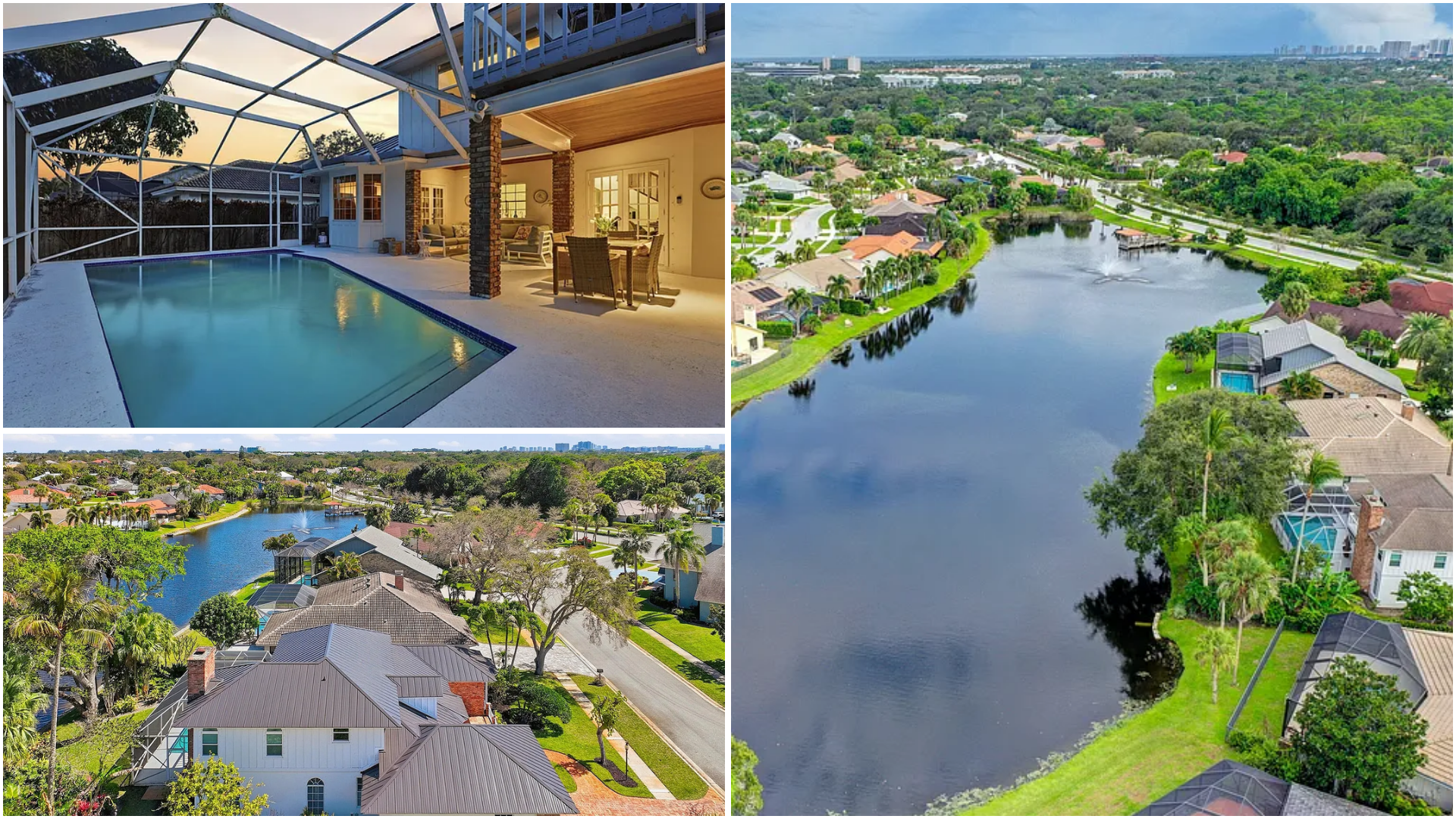 Aerial collage of a lakeside home with pool, patio, and surrounding neighborhood.