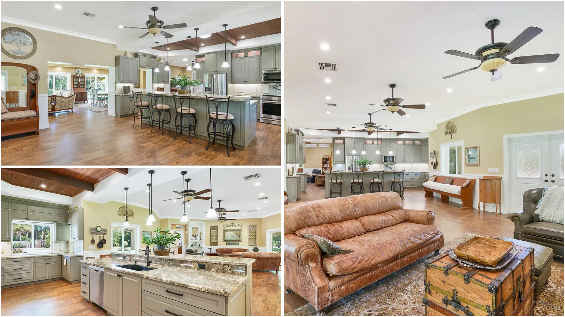 Bright open-concept living room with kitchen, wood floors, ceiling fans, and brown leather sofa