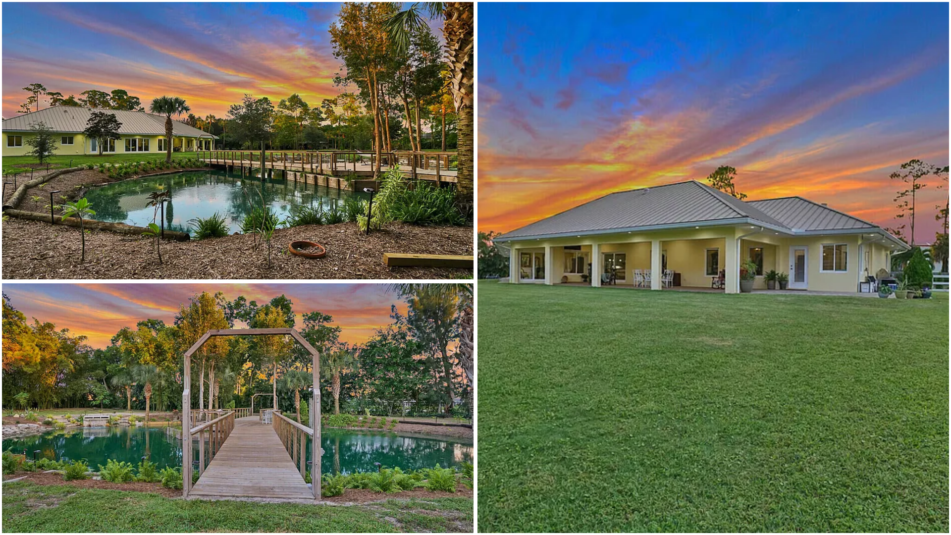 Collage of a lakeside house and yard at sunset, with a pond and a small bridge in the garden