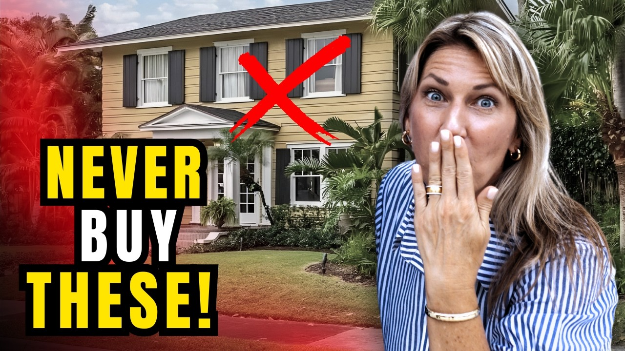 Bold text “NEVER BUY THESE!” beside a house with a red X and a shocked woman covering her mouth.