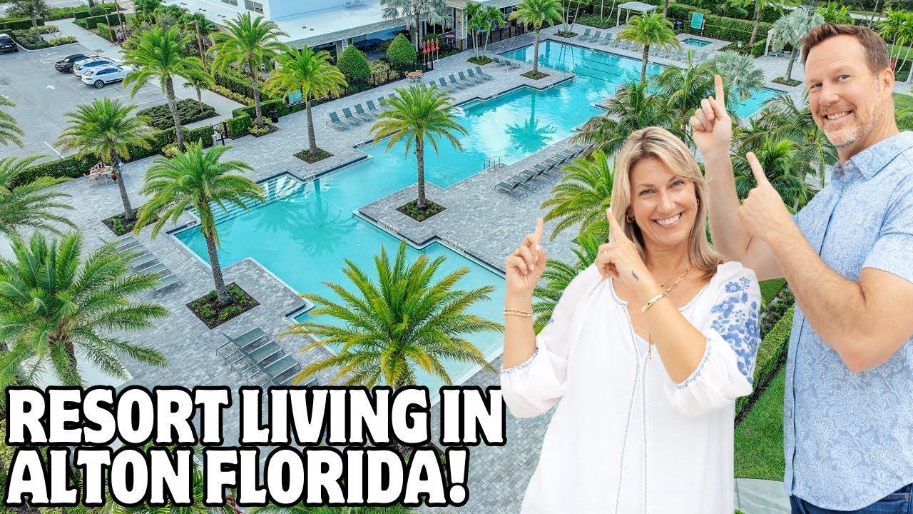 Couple clapping beside resort pool with text “RESORT LIVING IN ALTON FLORIDA!”