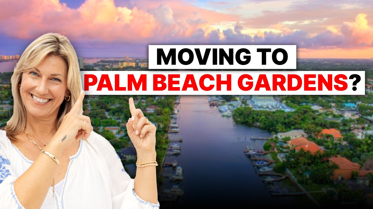 Woman pointing beside bold text “MOVING TO PALM BEACH GARDENS?” over a waterfront aerial view