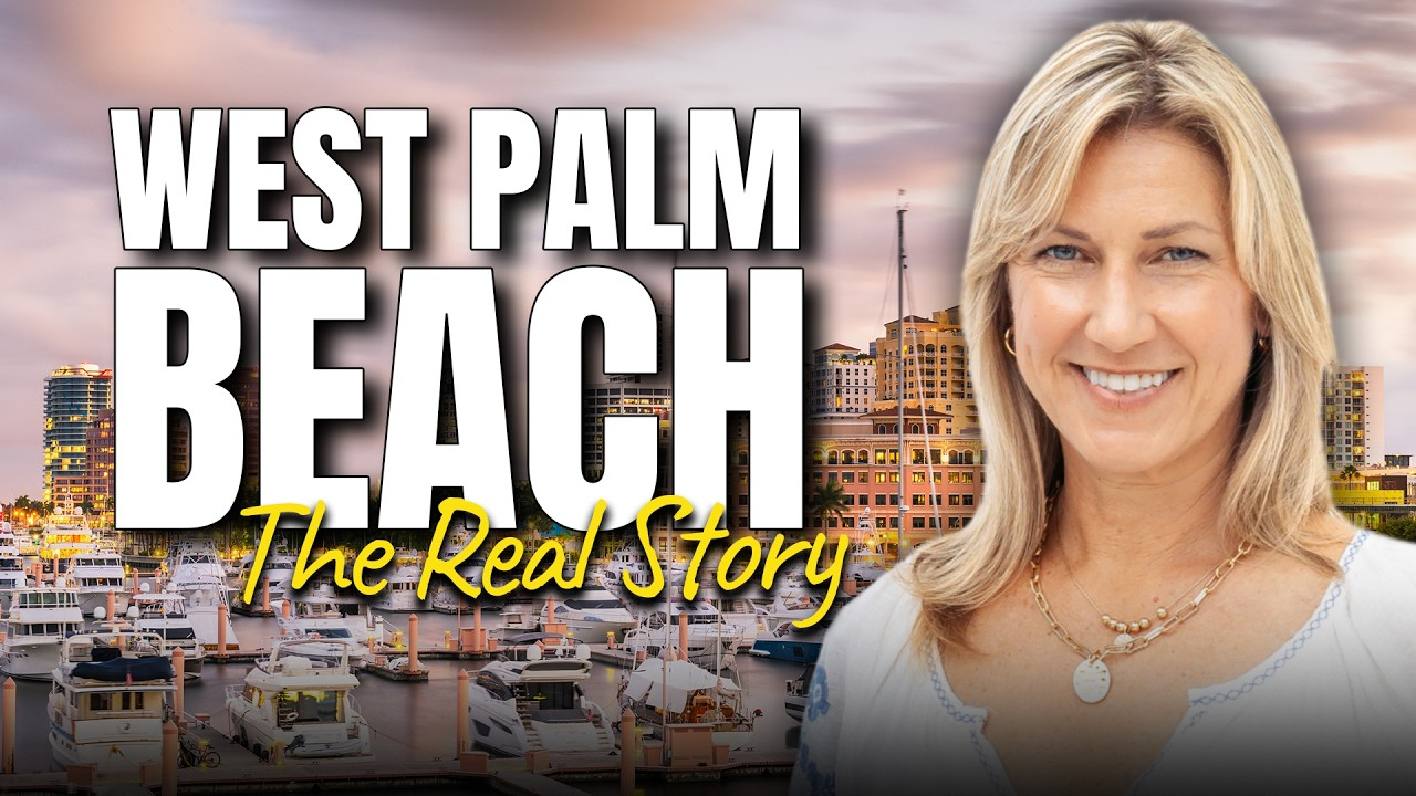 “West Palm Beach: The Real Story” title card with a smiling woman and waterfront skyline at sunset