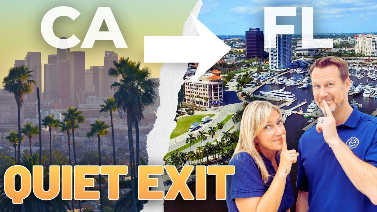 CA to FL arrow over palm trees; smiling couple beside bold “QUIET EXIT” text