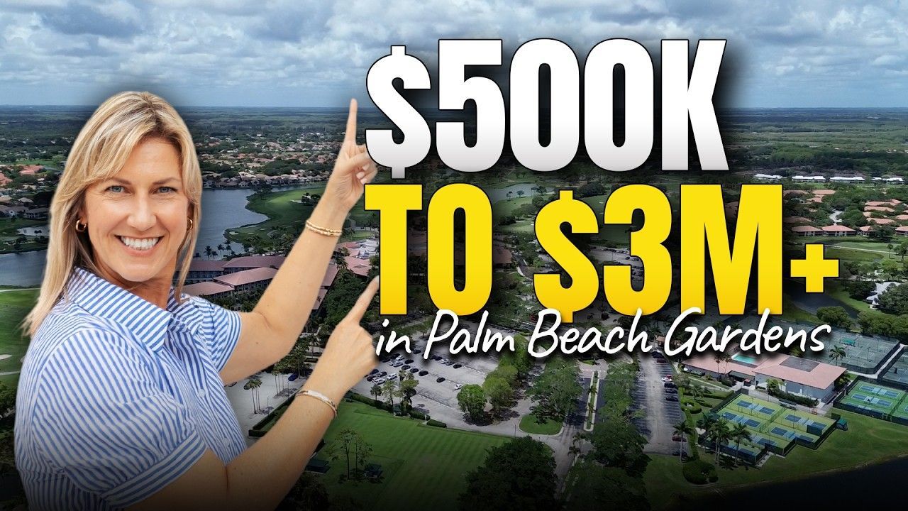 Woman points over aerial Palm Beach Gardens view with text “$500K to $3M+”