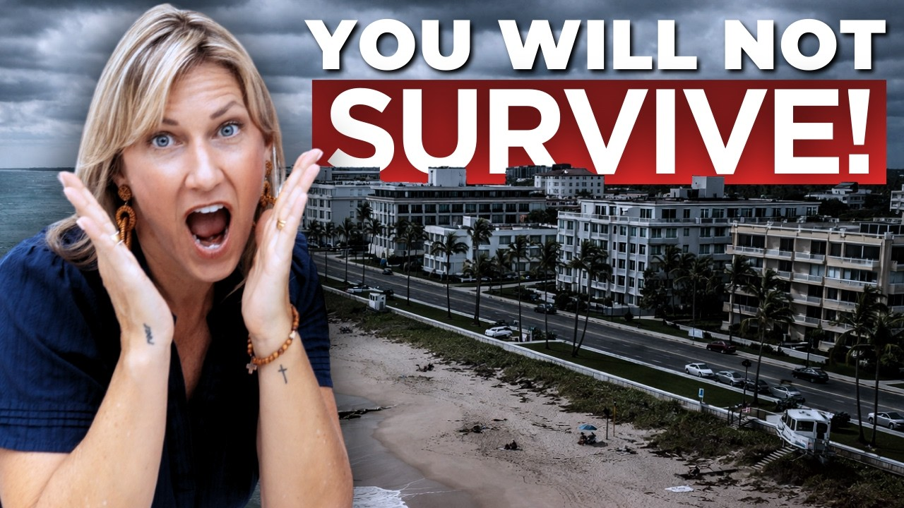 Shocked woman beside bold “YOU WILL NOT SURVIVE!” text over a damaged urban waterfront and apartment blocks