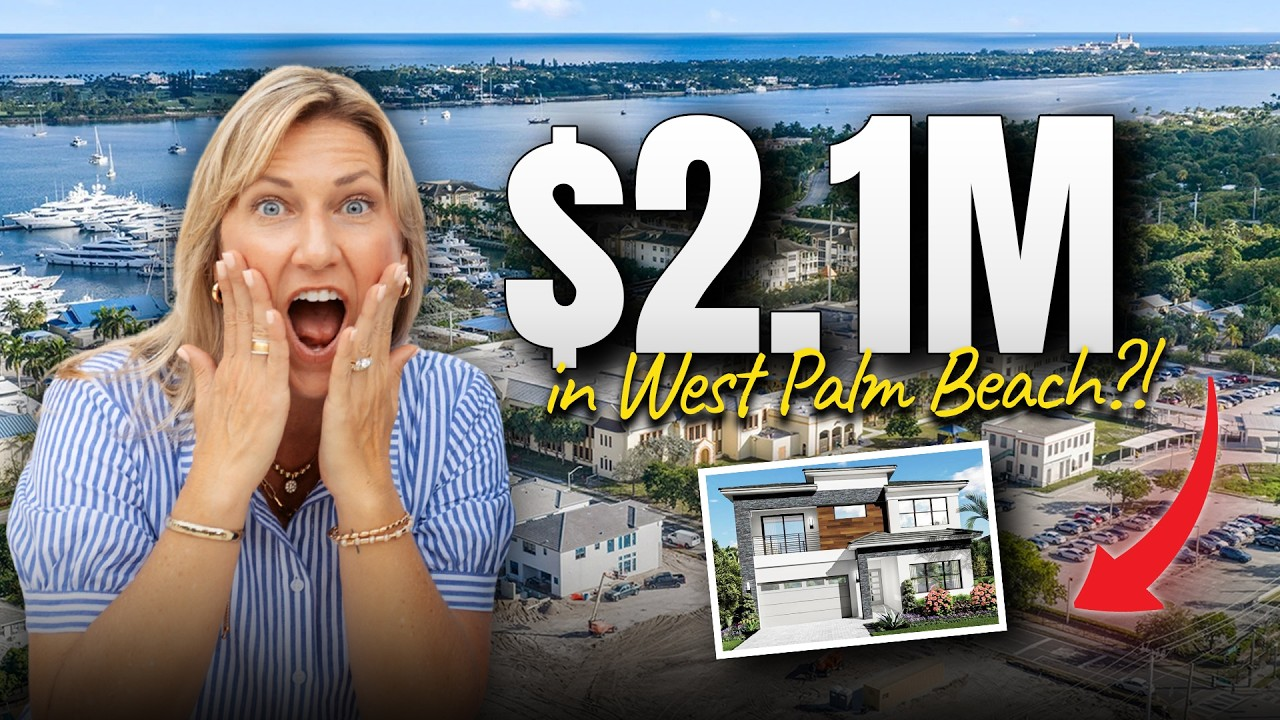 Woman in striped top reacting beside “$2.1M in West Palm Beach?” real estate thumbnail and house inset